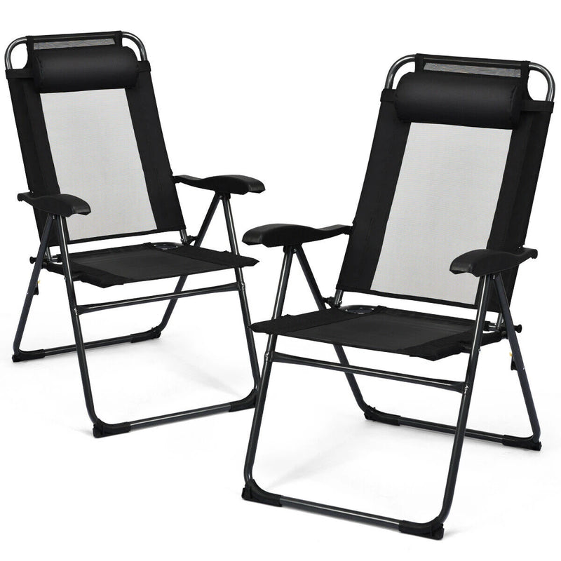 2PC Folding Chairs Adjustable Reclining Chairs with Headrest Patio Garden Black