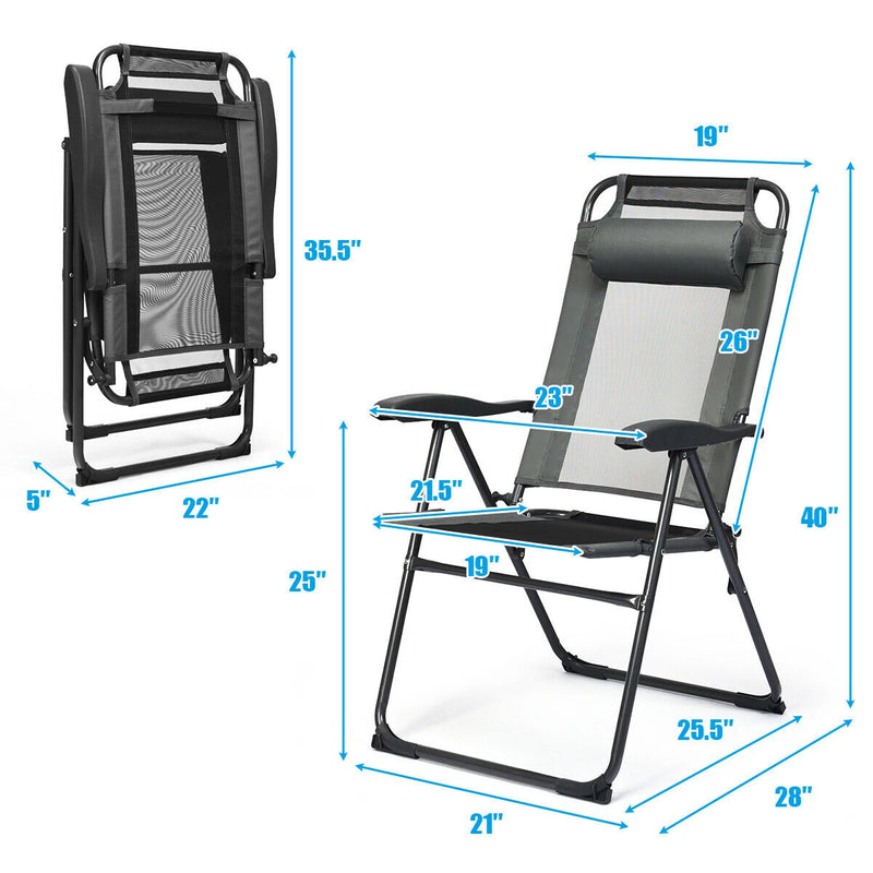 2PC Folding Chairs Adjustable Reclining Chairs with Headrest Patio Garden Grey