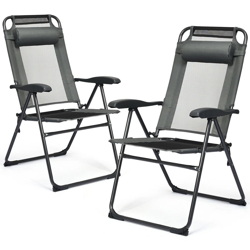 2PC Folding Chairs Adjustable Reclining Chairs with Headrest Patio Garden Grey