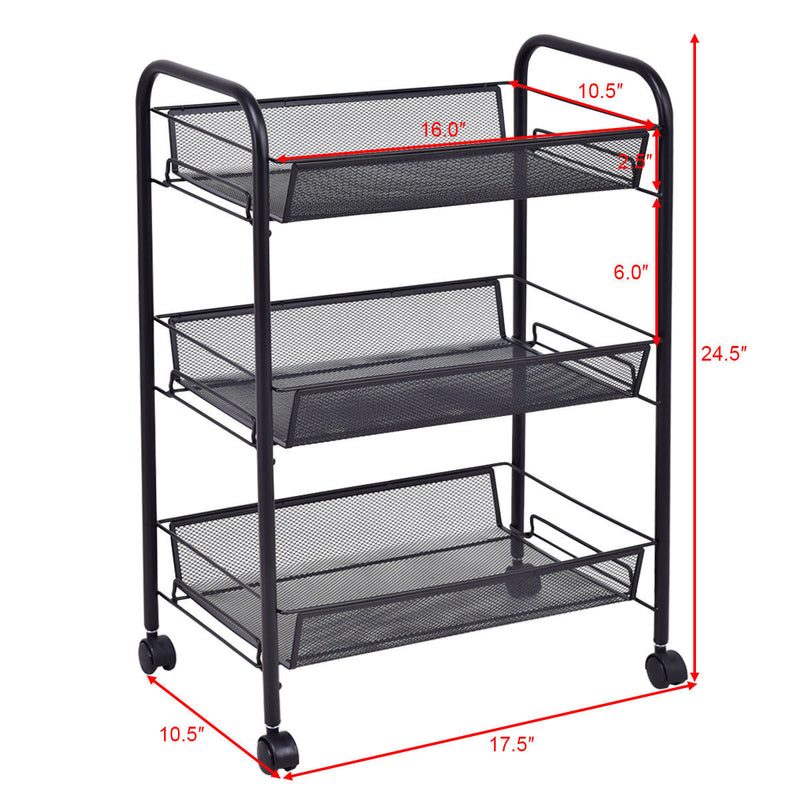 3 Tier Storage Rack Trolley Cart Home Kitchen Organizer Utility Baskets Black