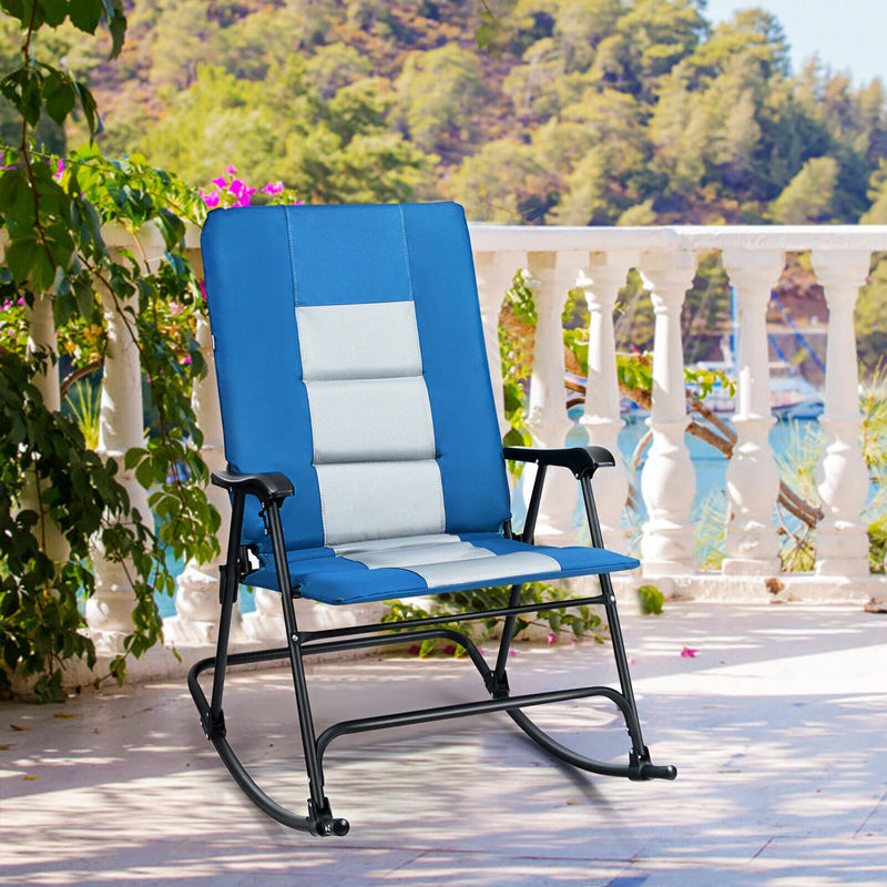 Foldable Rocking Padded Chair Portable Camping Chair with Backrest Armrest Blue