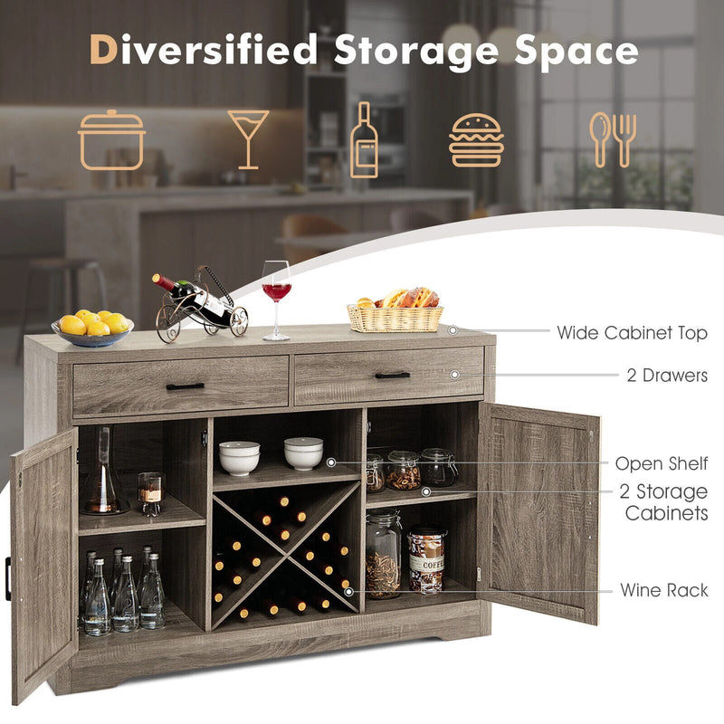 Kitchen Storage Buffet Cabinet Farmhouse Wooden Sideboard w/2 Drawer & Wine Rack