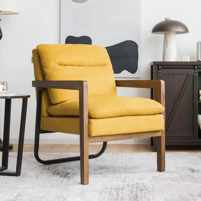 Modern Accent Armchair Lounge Chair w/ Rubber Wood Legs & Steel Bracket Yellow