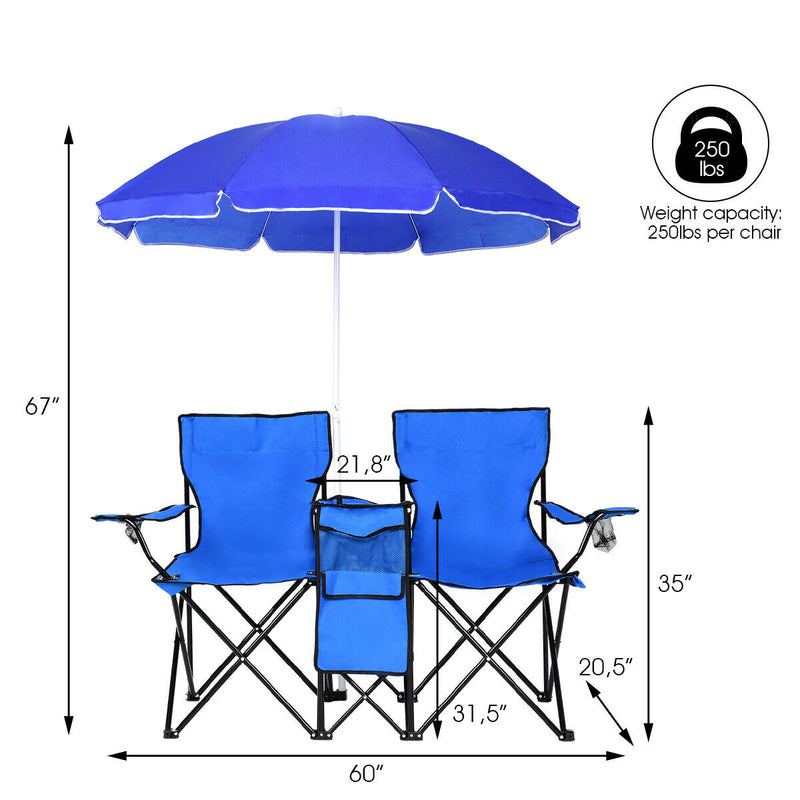 Portable Folding Picnic Double Chair W/Umbrella Table Cooler Beach Camping Chair