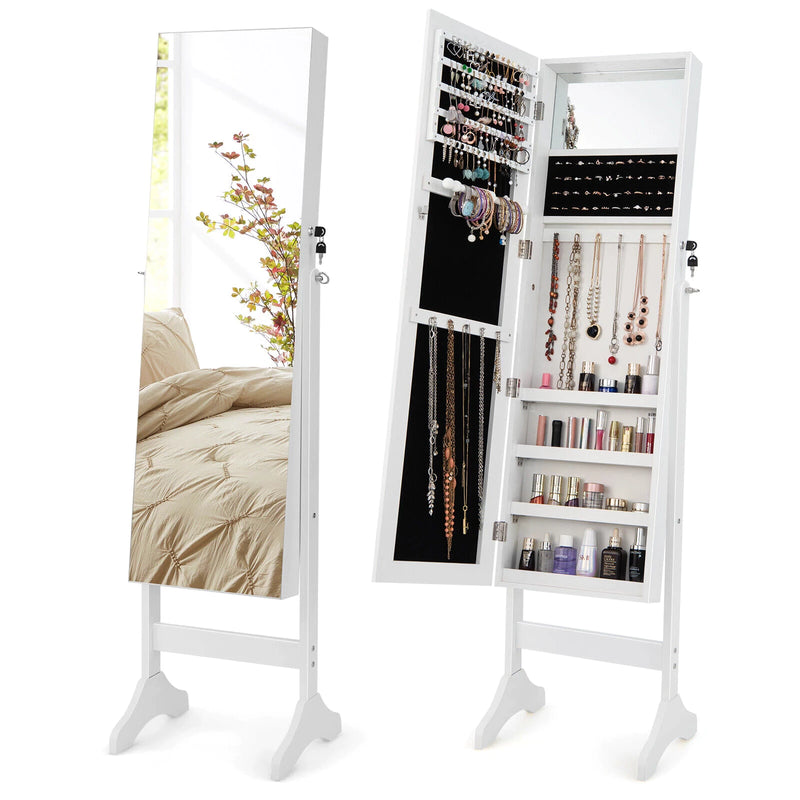 Standing Jewelry Cabinet Armoire Frameless Full Length Mirror Lockable White