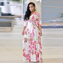 V Neck Women Robe Dress Half Sleeve Floral Long Dress Size S-5XL
