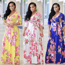 V Neck Women Robe Dress Half Sleeve Floral Long Dress Size S-5XL