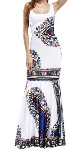 African Print Boho Style Floor-Length Sleeveless Dashiki Dress