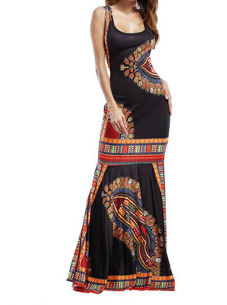 African Print Boho Style Floor-Length Sleeveless Dashiki Dress