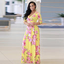 V Neck Women Robe Dress Half Sleeve Floral Long Dress Size S-5XL