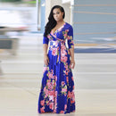 V Neck Women Robe Dress Half Sleeve Floral Long Dress Size S-5XL