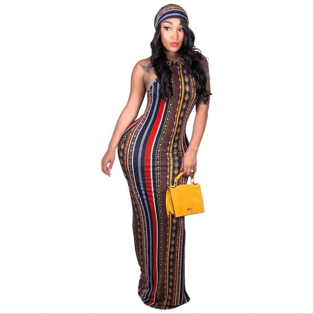 African stripes print dress (including headscarf)
