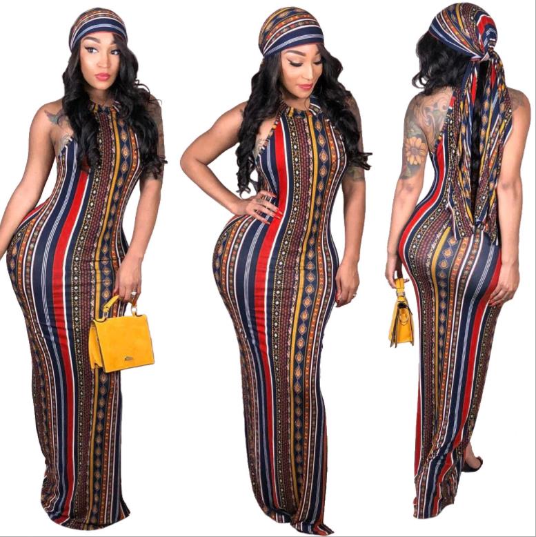 African stripes print dress (including headscarf)