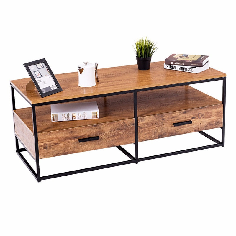 47" 2-Tier Cocktail Coffee Table Metal Desk Shelf Storage Bedroom W/2 Drawer