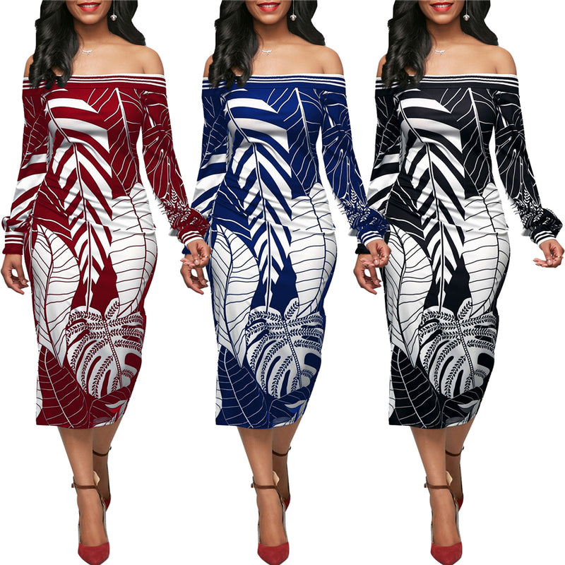 African dress for women Leaf pattern printed long sleeve one-shoulder dress