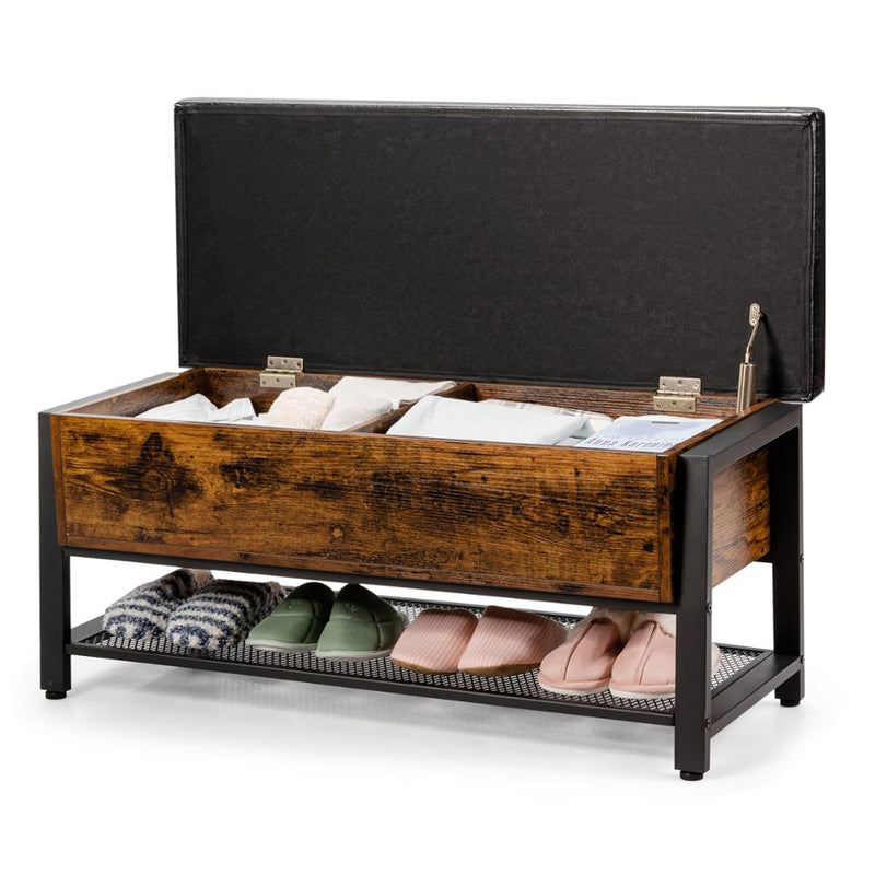 Shoe Bench Padded Bench with Storage Box and Shoe Shelf Rustic Brown