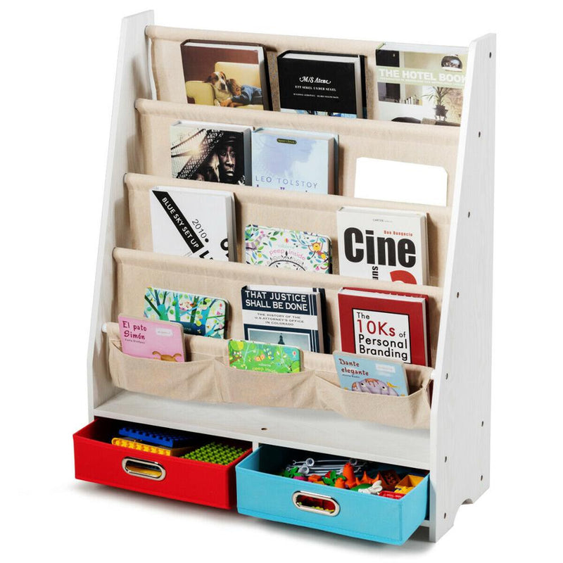 Kids Book Rack Toys Organizer Shelves w/ 4 Sling Bookshelf & 2 Boxes