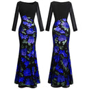 Angel-fashions Women's Long Sleeve Pattern Blue Flower Sequin Beading Evening Dress 396