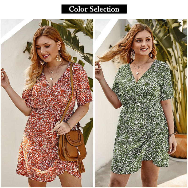 Summer Plus Size Dress Women Gown Floral Print Short Sleeve V-Neck