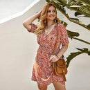 Summer Plus Size Dress Women Gown Floral Print Short Sleeve V-Neck