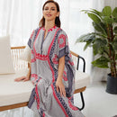 Women's Kimono Kaftan Maxi Dresses with Grids Print V Neck Short Sleeve