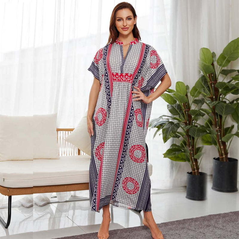 Women's Kimono Kaftan Maxi Dresses with Grids Print V Neck Short Sleeve