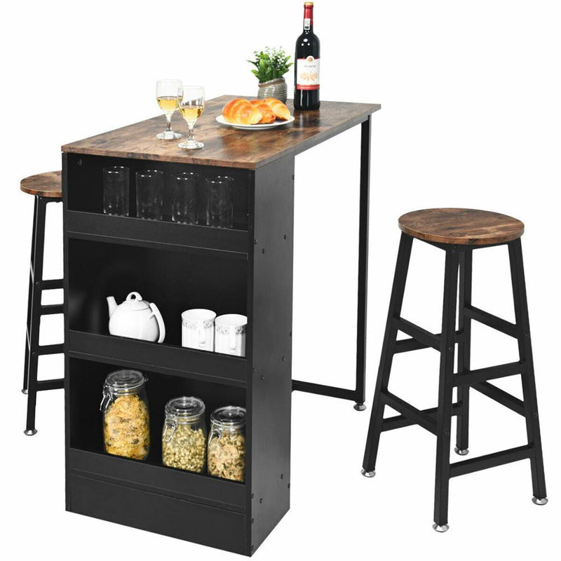 3 Pieces Bar Table Set Industrial Counter Height Dining Table Set with Storage