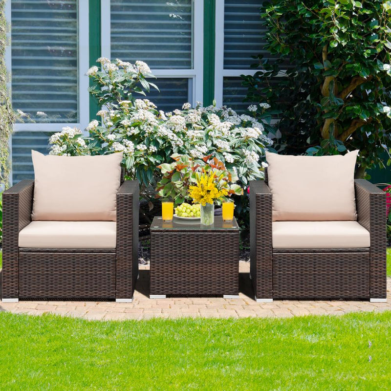 3PCS Patio Rattan Furniture Set Conversation Wicker Sofa Set w/Cushion Garden HW66531+