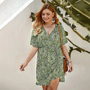 Summer Plus Size Dress Women Gown Floral Print Short Sleeve V-Neck