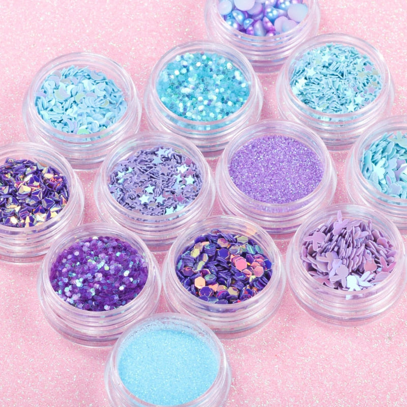 12pots Nail Art Decorations Set Mermaid Pearls Star Moon Laser Sequins Glitters