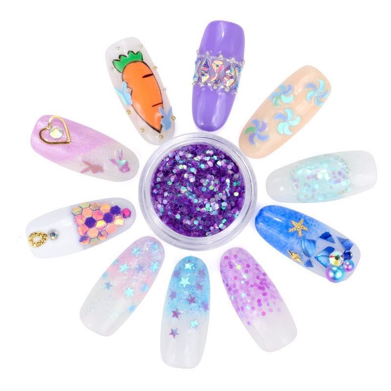 12pots Nail Art Decorations Set Mermaid Pearls Star Moon Laser Sequins Glitters