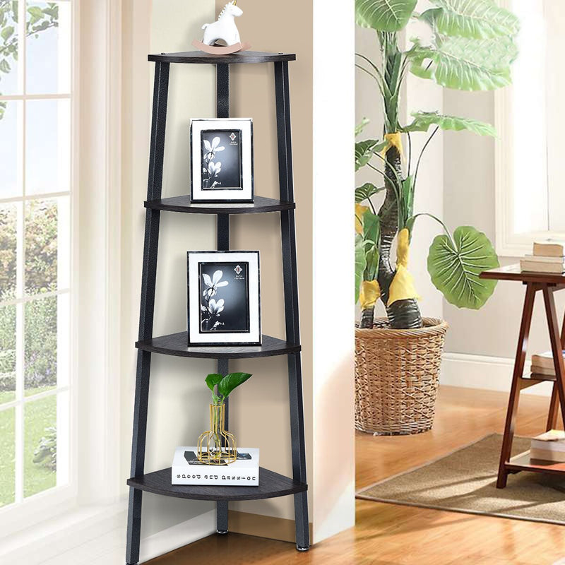 4-Tier Corner Shelf Metal Storage Rack Domestic Bookcase Display Stand Wood