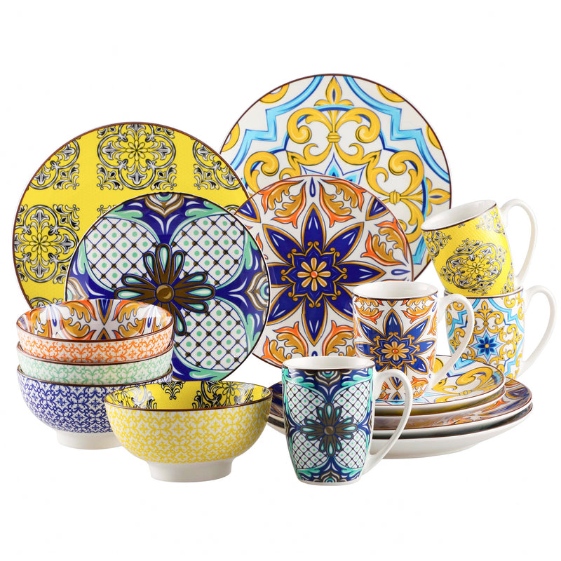 VANCASSO 16/32/48-Piece Jasmin Pattern Porcelain Tableware Dinnerware Dinner Set with Dinner Plate,Dessert Plate,Bowl,Mug Set