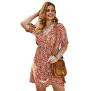 Summer Plus Size Dress Women Gown Floral Print Short Sleeve V-Neck