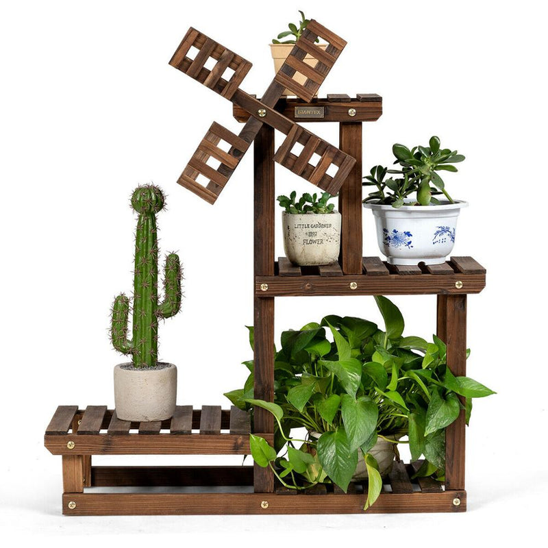 Wood Plant Stand 4 Tier Shelf Multiple Space-saving Flower Pot Windmill Design