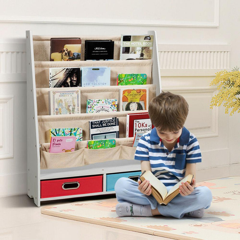 Kids Book Rack Toys Organizer Shelves w/ 4 Sling Bookshelf & 2 Boxes