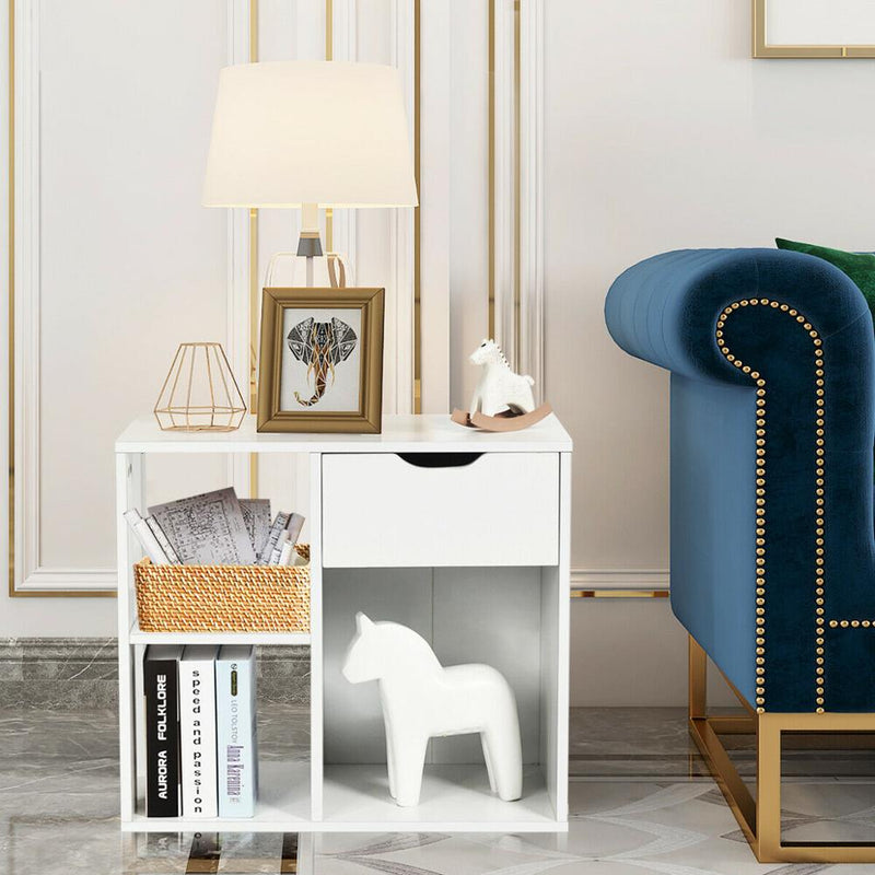 3-tier Side Table W/Storage Shelf&Drawer Space-saving End Table Nightstand White