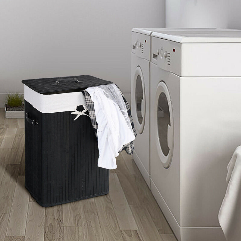 Rectangle Bamboo Hamper Laundry Basket Washing Cloth Bin Rangier Lid Black