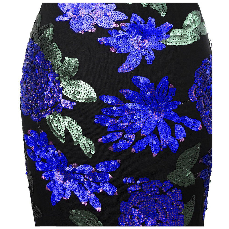 Angel-fashions Women's Long Sleeve Pattern Blue Flower Sequin Beading Evening Dress 396