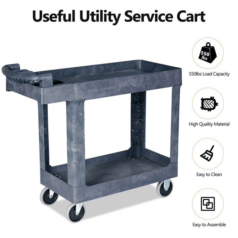 Plastic Utility Service Cart 550 LBS Capacity 2 Shelves Rolling 41'' x 17'' x 34''