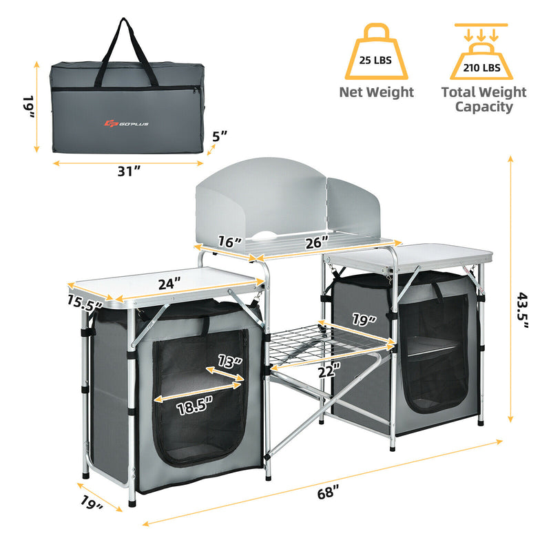 Folding Portable Aluminum Camping Grill Table w/ Storage Organizer Windscreen  OP70292GR
