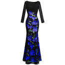 Angel-fashions Women's Long Sleeve Pattern Blue Flower Sequin Beading Evening Dress 396