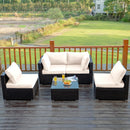 5PCS Patio Rattan Furniture Set Cushioned Sofa Chair Coffee Table