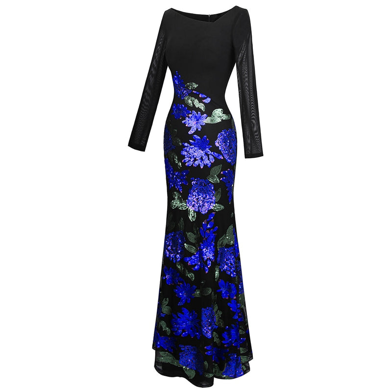 Angel-fashions Women's Long Sleeve Pattern Blue Flower Sequin Beading Evening Dress 396