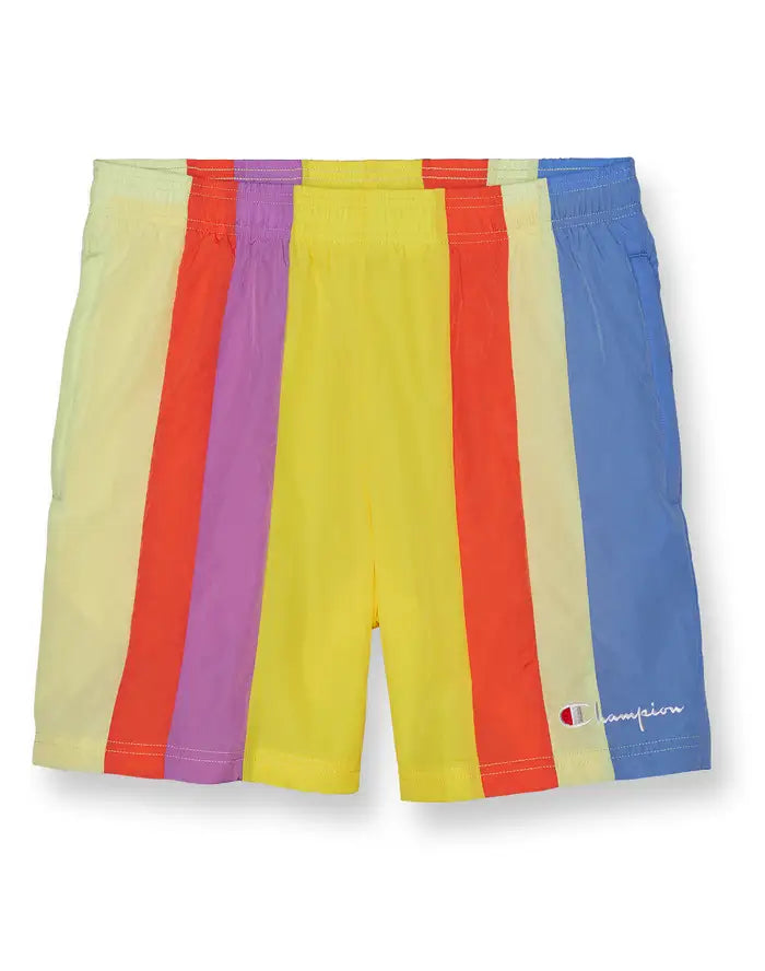 NYLON WARM-UP SHORTS, VERTICAL STRIPE, 6"