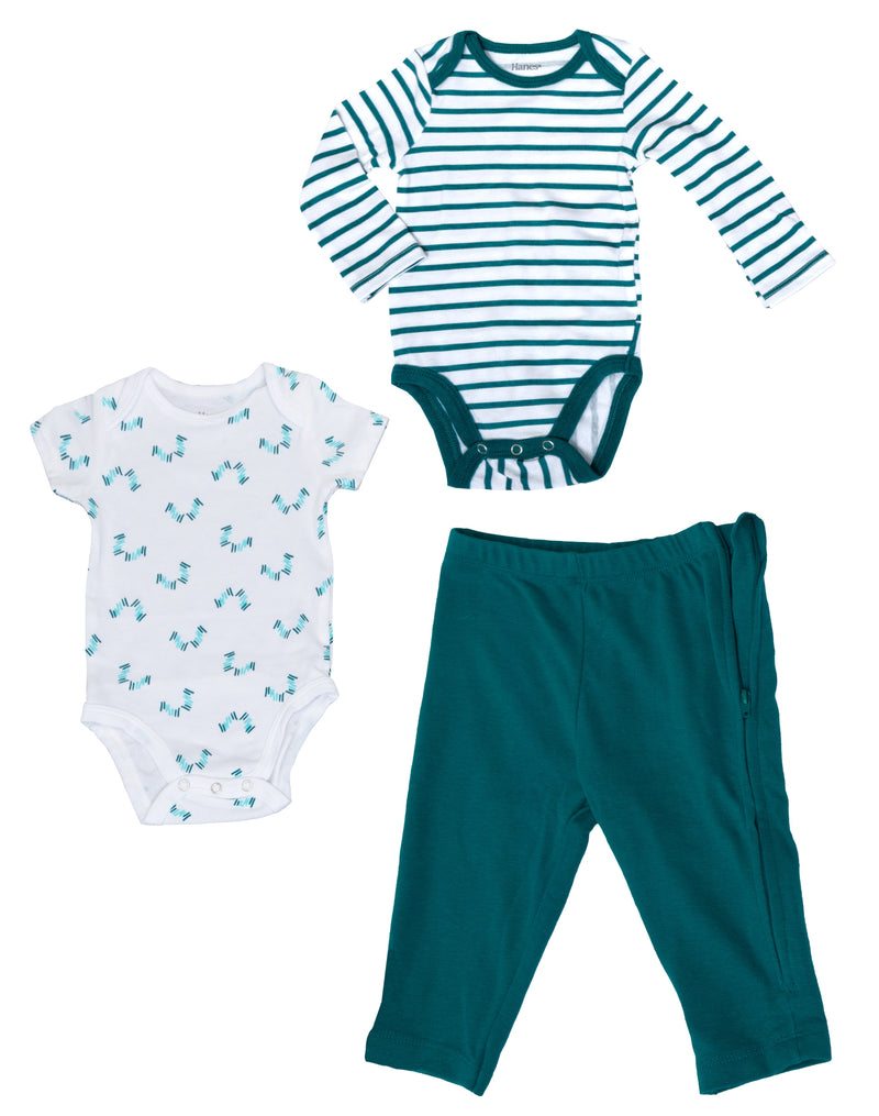 Hanes Ultimate Baby Zippin Knit Pant, Short Sleeve Bodysuit and Long Sleeve Bodysuit 3-Piece Set