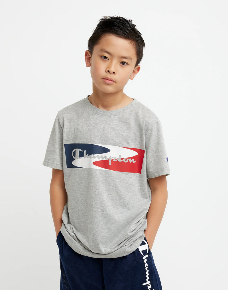 BIG KIDS' SHORT SLEEVE TEE, WAVY BOX SCRIPT