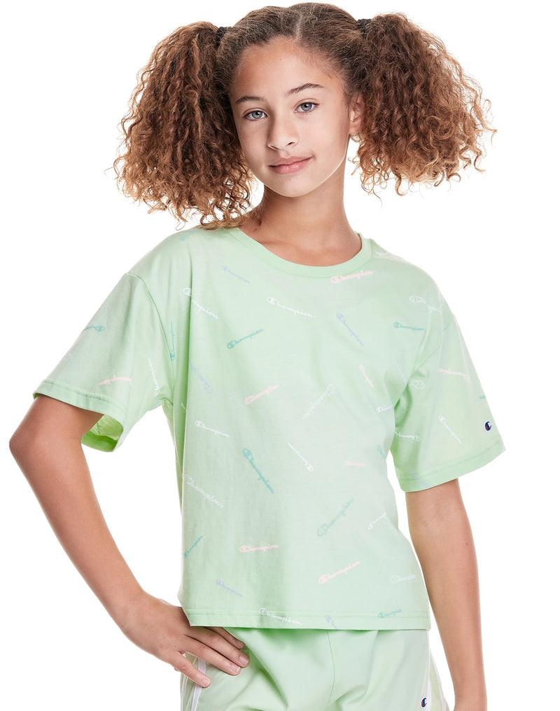 BIG GIRLS' SHORT SLEEVE BOXY TEE, CHAMPION SCRIPT