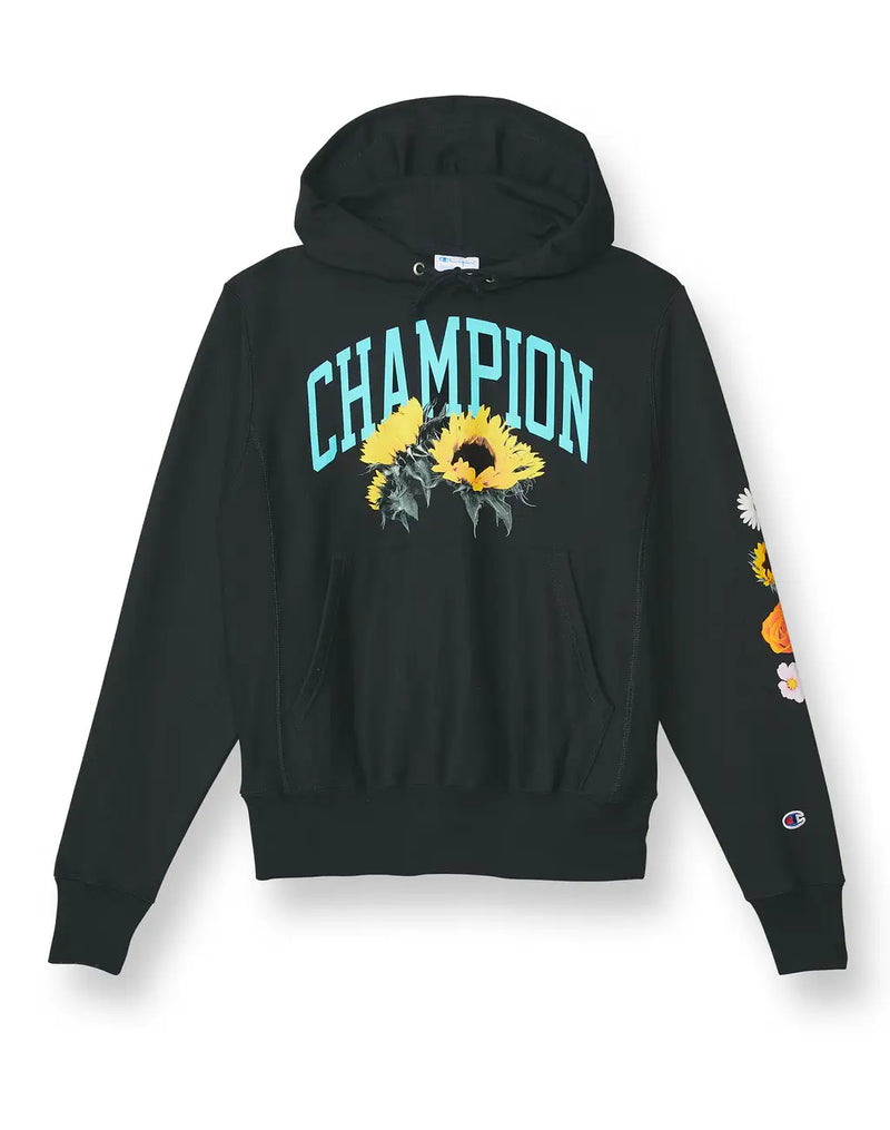 REVERSE WEAVE HOODIE, CHAMPION ARCH WITH FLOWERS