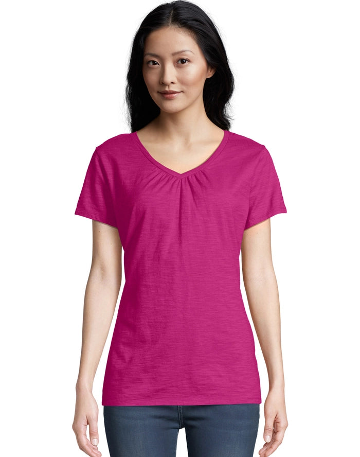 Hanes Women's Slub Jersey Shirred V-Neck Tee